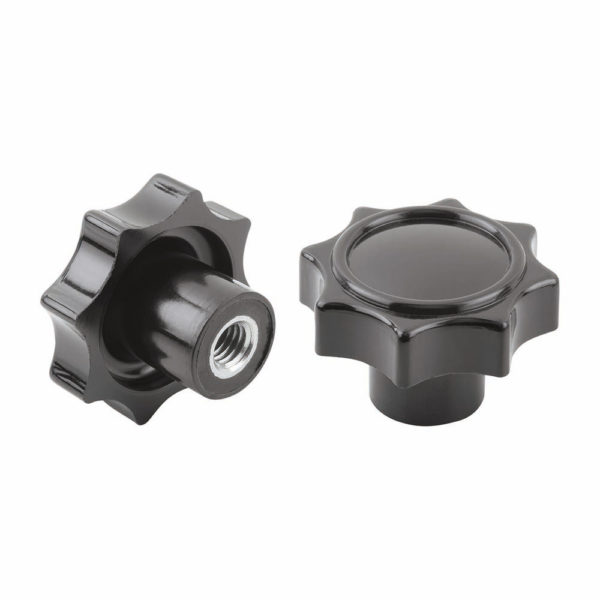 Star knob, high glossy, made from solid thermoset material with threaded pin