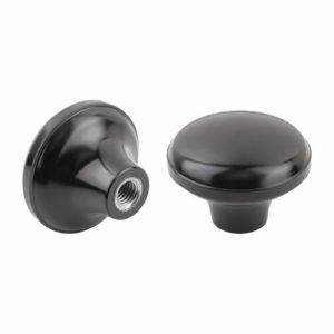 Knob handle made from solid transparent thermoset material, with tapped bush