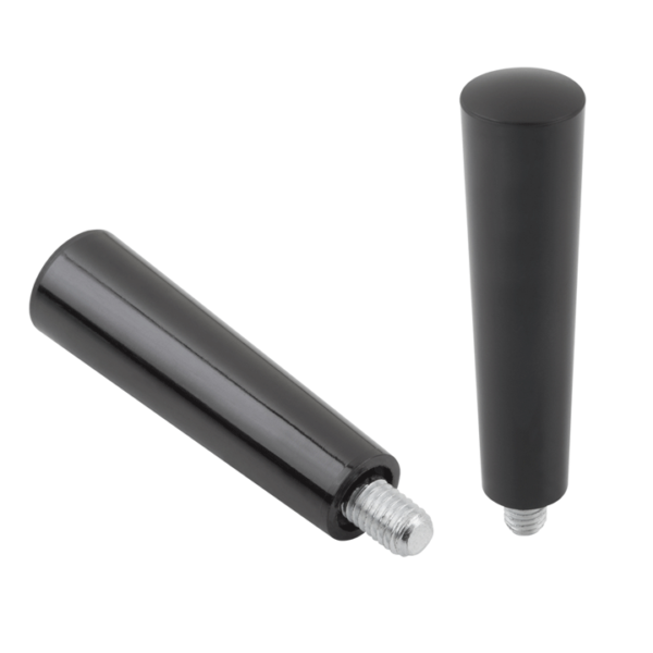 Tapered handle, transparent, made from solid thermoset Bakelite material with electro zinc-plated steel threaded pin