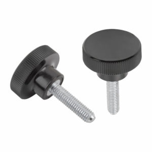 Knurled screw, high glossy, made from solid thermoset Bakelite material with an electro zinc-plated steel threaded pin